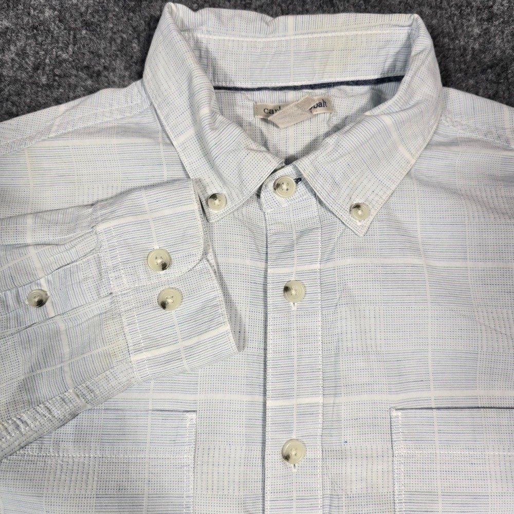 Carbon 2 Cobalt Button Down Plaid Mens M Blue White Cotton Linen GUC